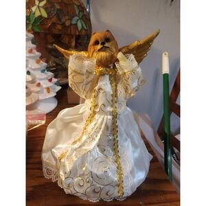 Pomeranian Angel Christmas Tree Topper, Gold & White W/ Wings Shelf Sitter 11"